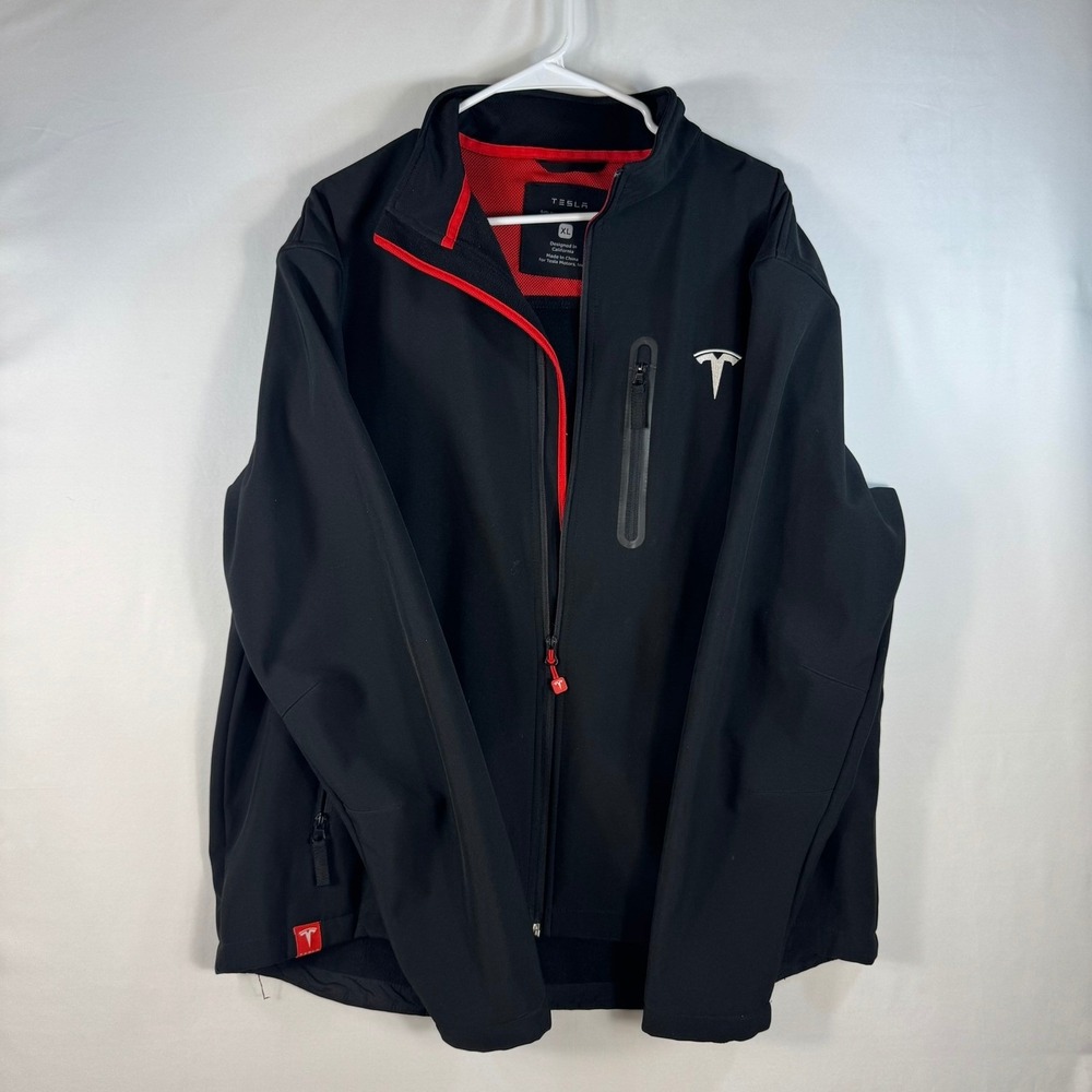 Tesla Motors Mens XL Softshell Jacket Black Red Corporate Full Zip Embroidered